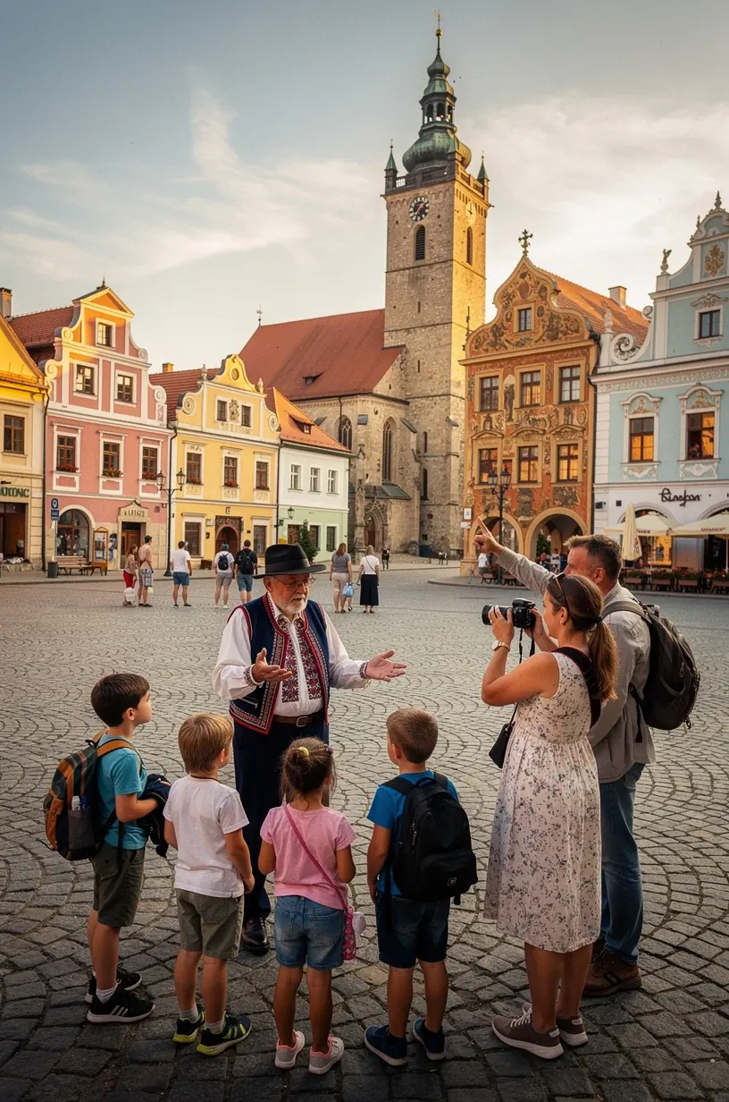 Mierna turistická cesta vedúca cez zelené lúky a starobylé drevené dedinské domy.